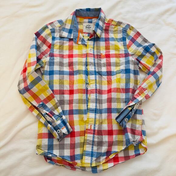 Mini Boden Long Sleeve Plaid Button Down Primary Colors Size 7-8Y - Picture 1 of 5